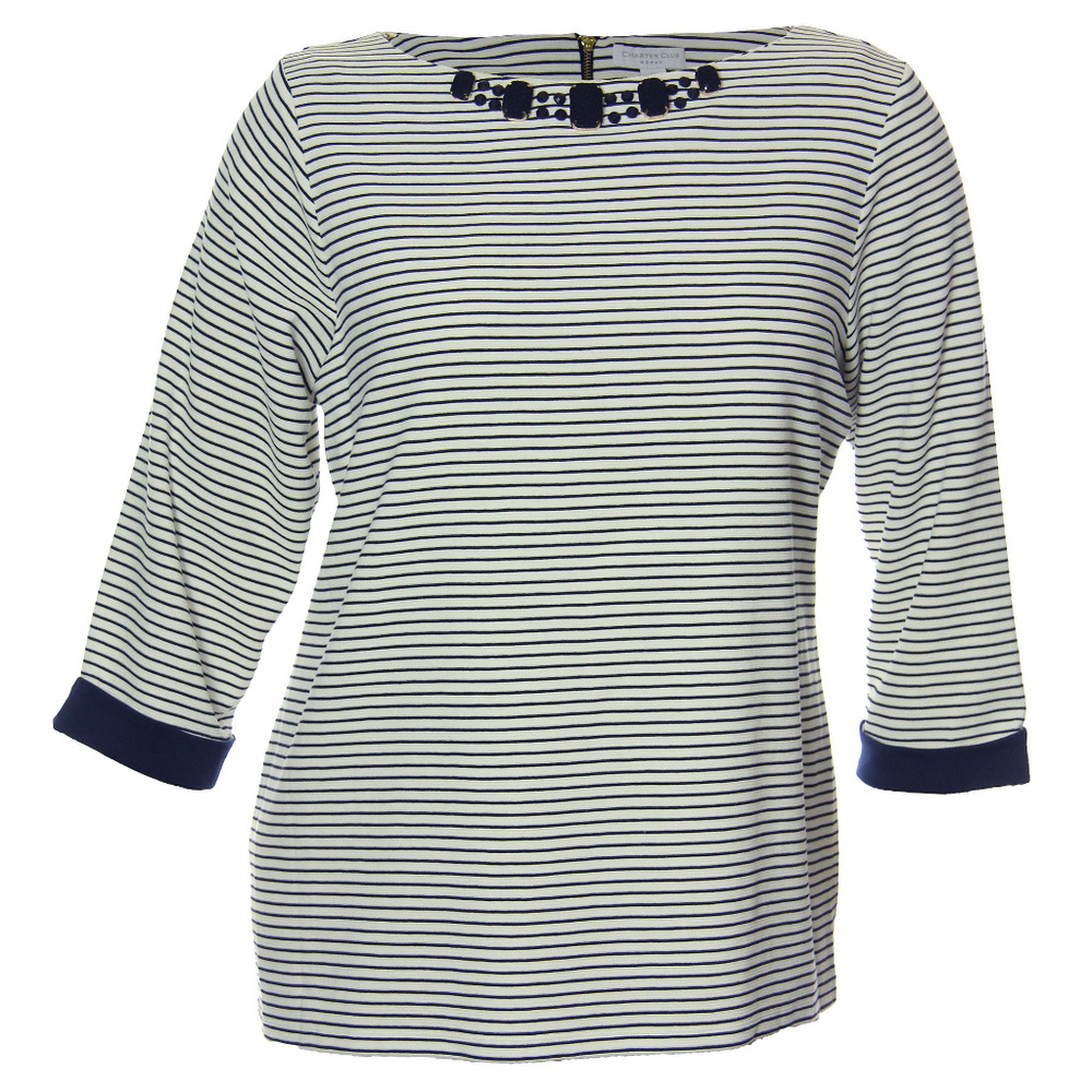0x 2x Charter Club Blue & White Striped 3/4 Sleeve Embellished Shirt NEW w/ Tags